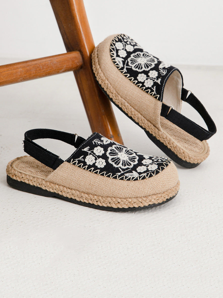 Women Ethnic Flower Embroidery Linen Sandals