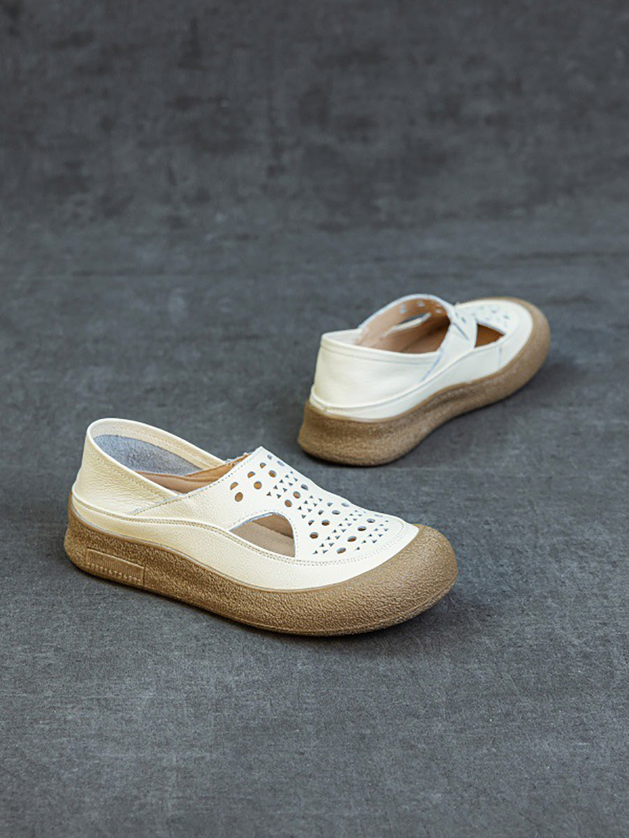 Women Summer Casual Hollow Out Leather Flat Shoes