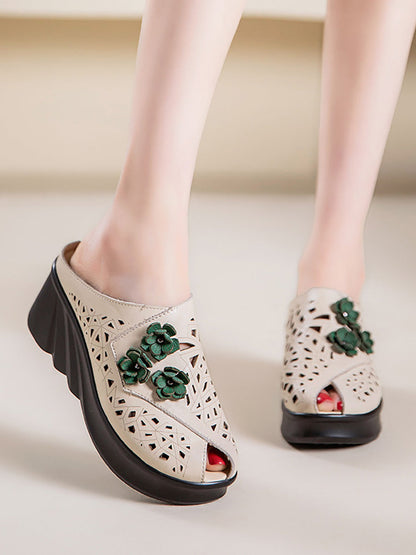 Women Summer Hollow Out Leather Platform Slippers