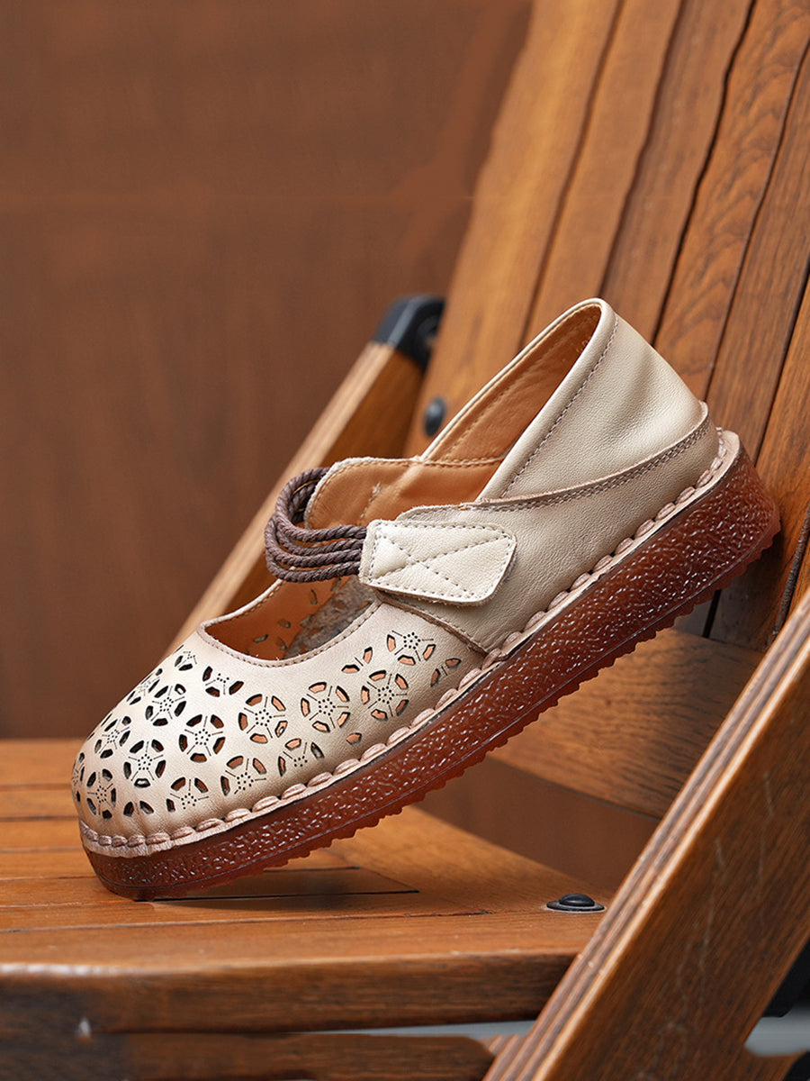 Women Rtro Genuine Leather Hollow Out Low Heel Shoes