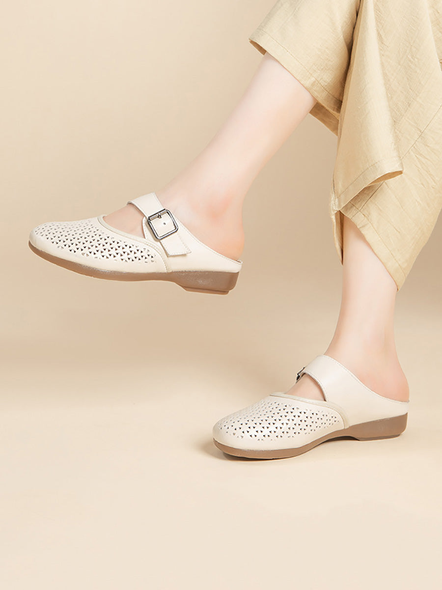 Women Vintage Genuine Leather Low Heel Slippers