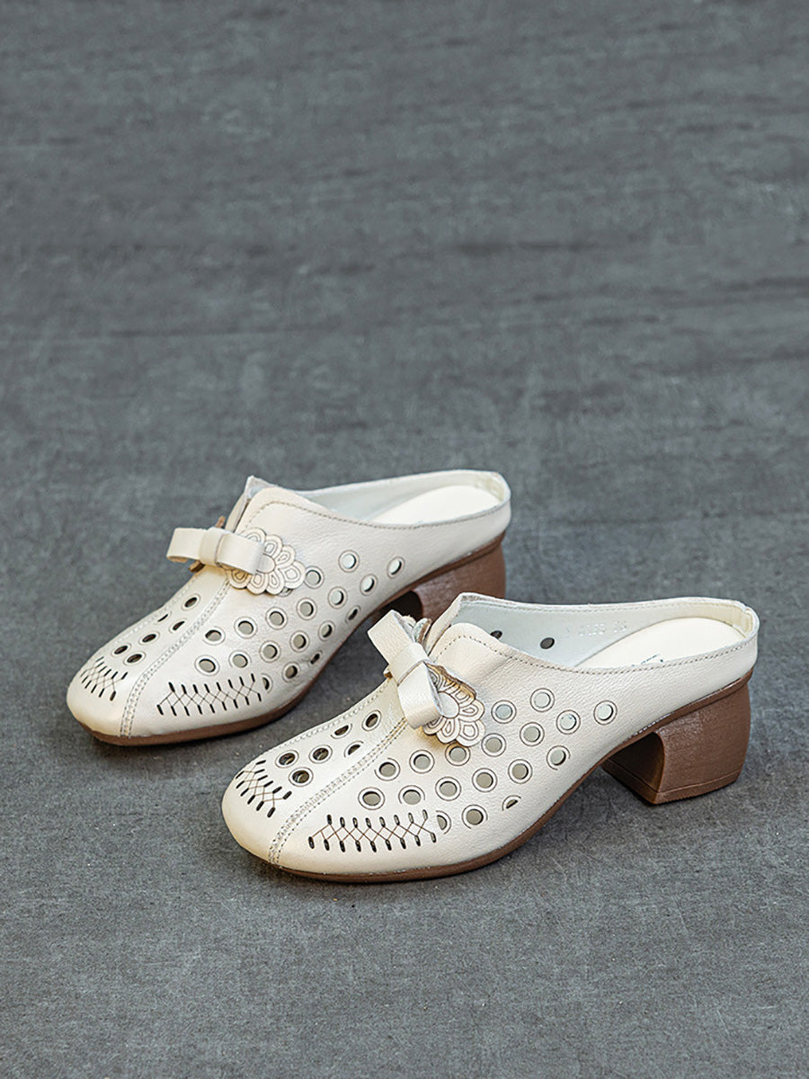 Women Summer Genuine Leather Hollow Out Mid Heel Slippers