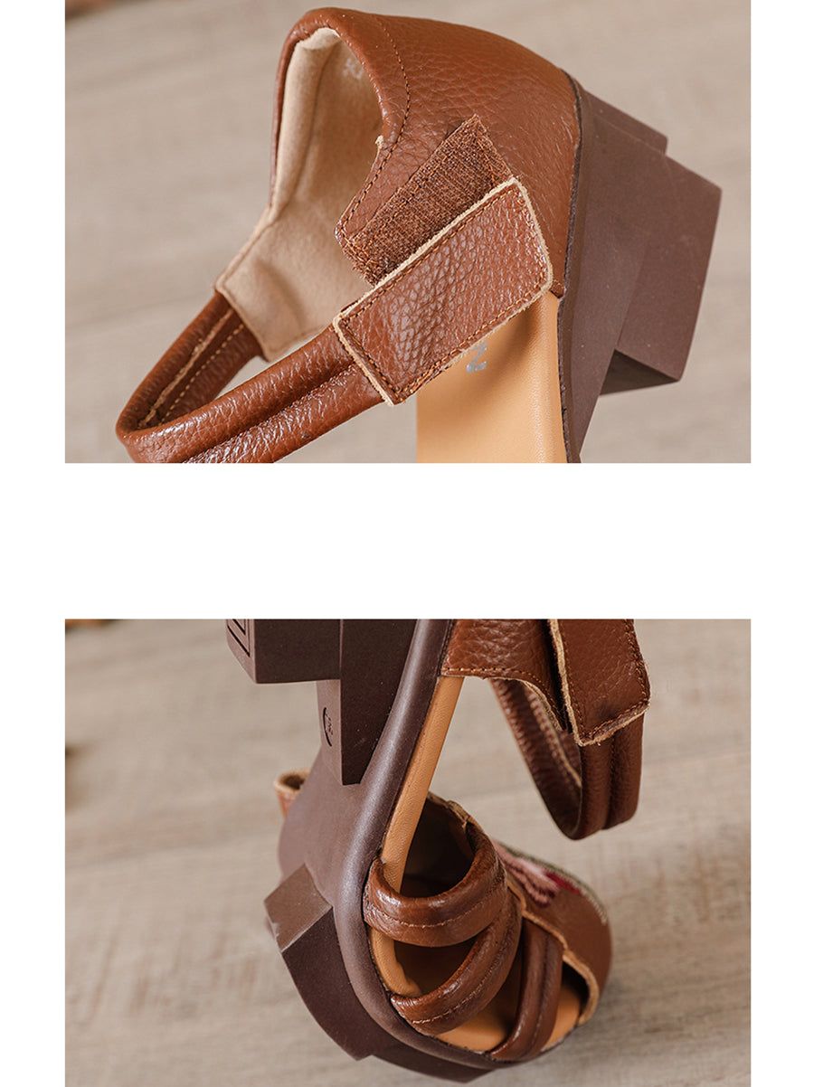 Women Summer Genuine Leather Embroidery Mid Heel Shoes