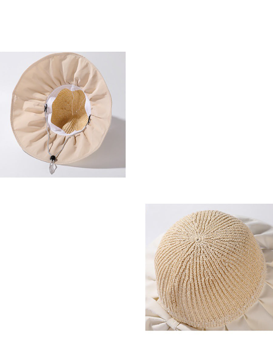 Women Summer Spliced Bowknot Large Brim Sunproof Hat