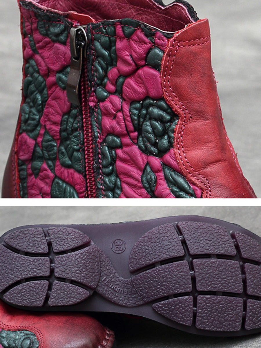 Women Retro Flower Leather Spliced Zipper Low Heel Boots