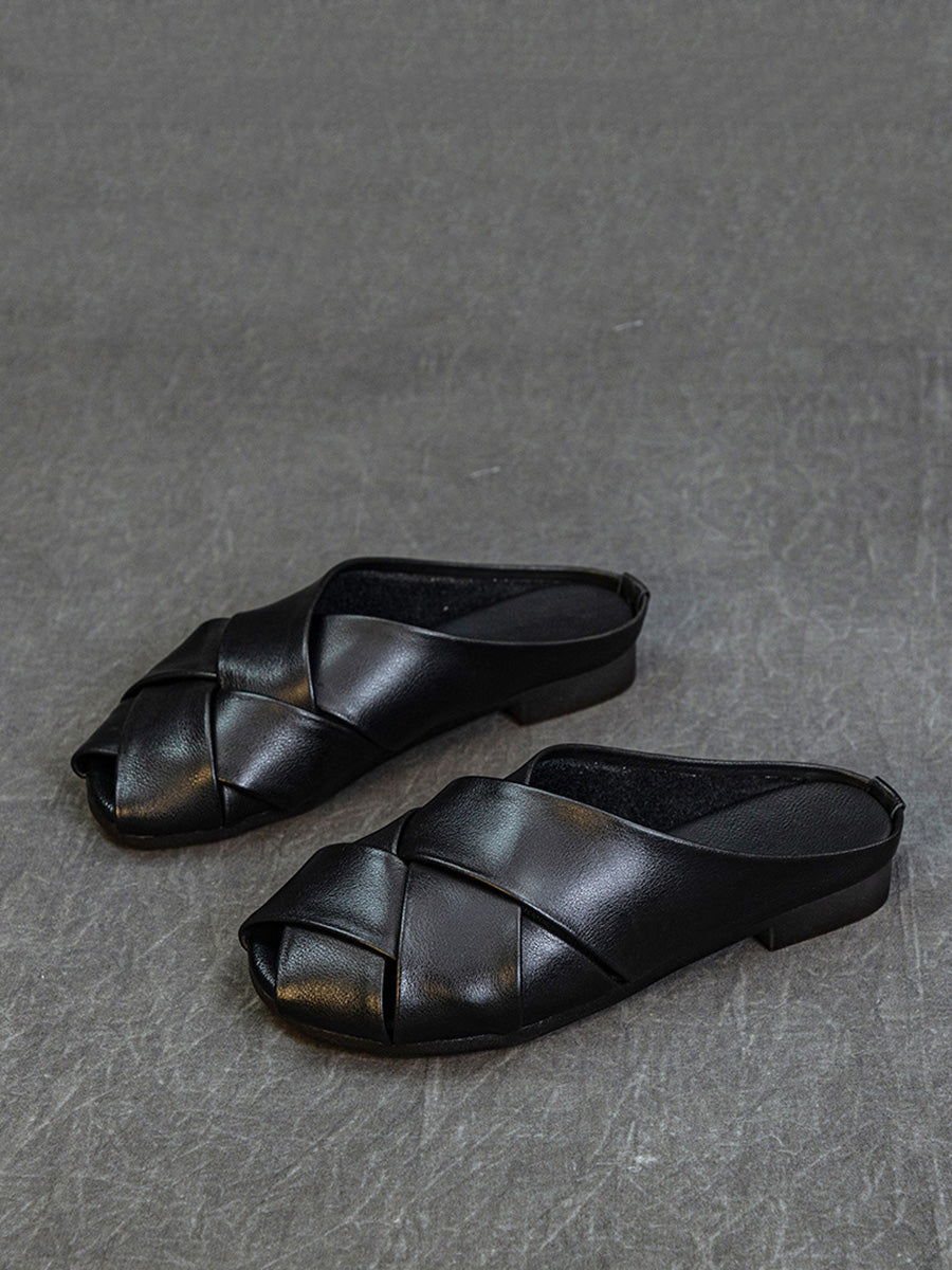 Women Summer Soft Leather Low Heel Weave Slippers