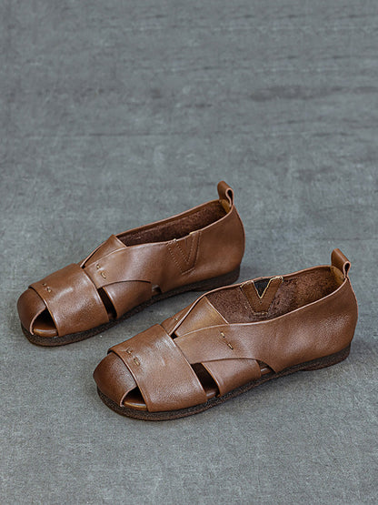 Women Vintage Genuine Leather Flat Sandals