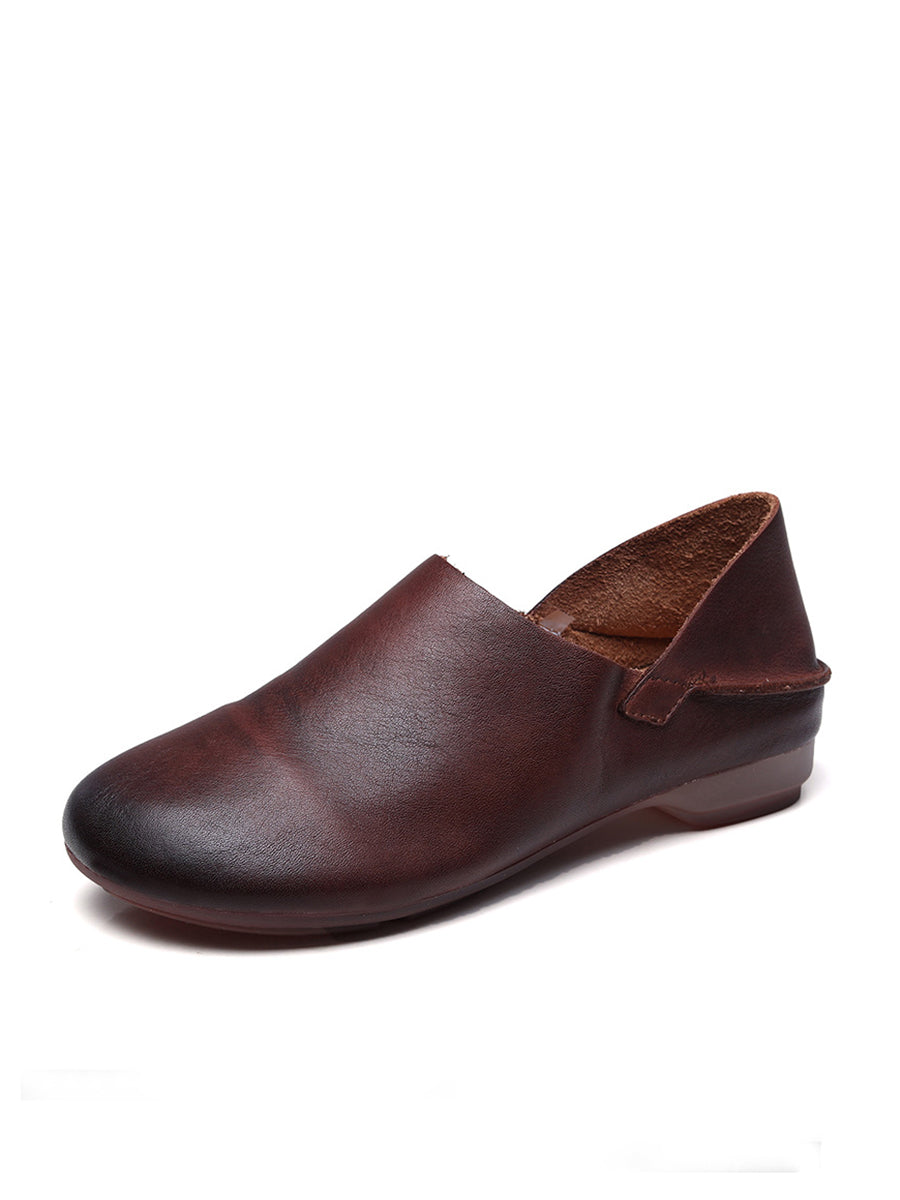 Women Retro Soft Leather Spliced Solid Low-Heel Shoes