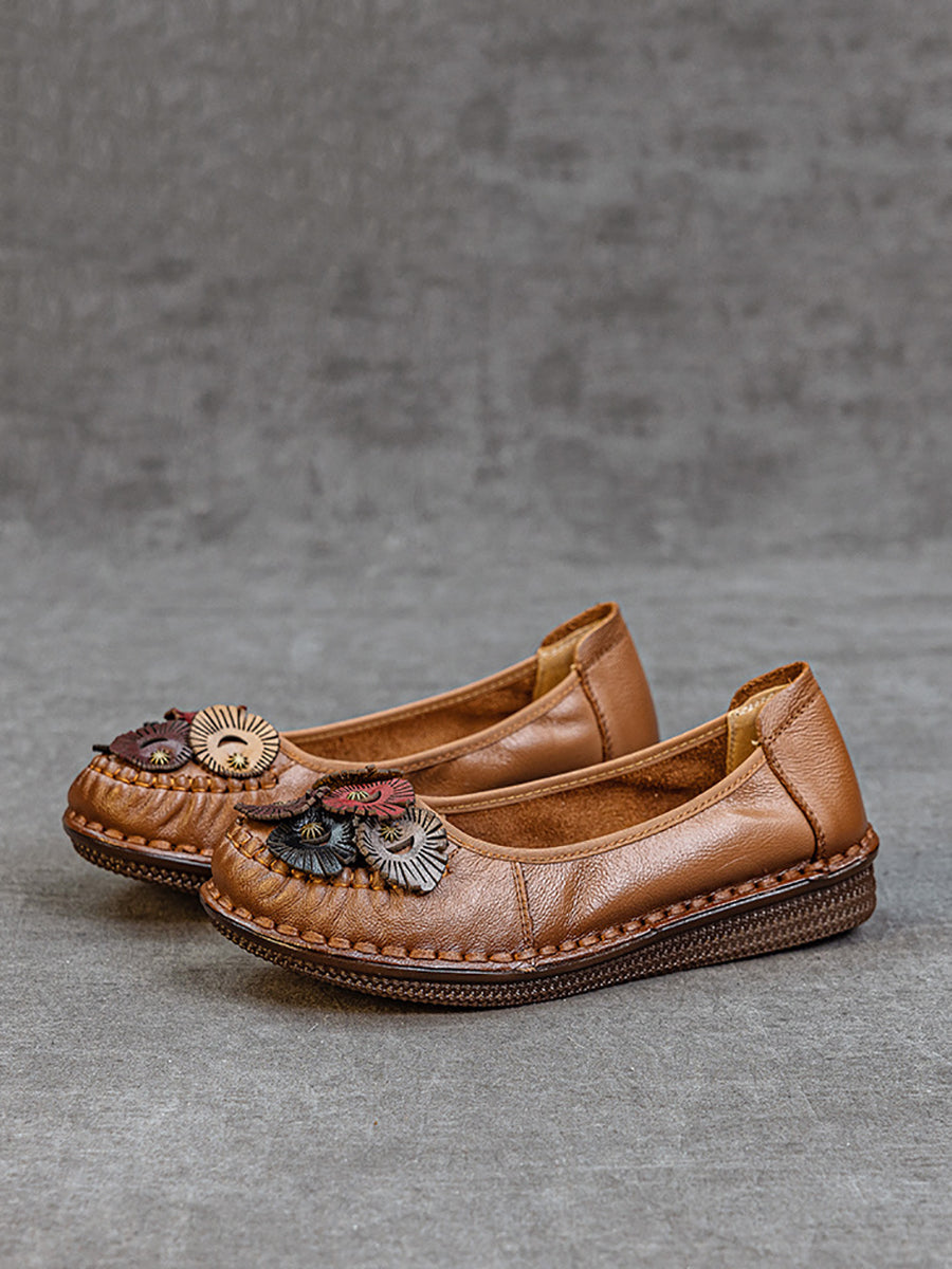 Women Ethnic Leather Flower Spliced Low Heel Shoes