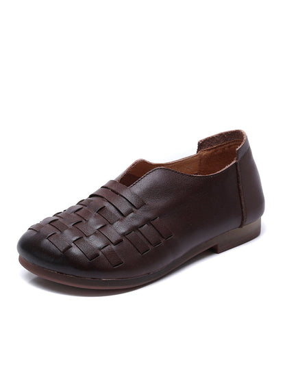 Women Retro Leather Weave Low Heel Shoes