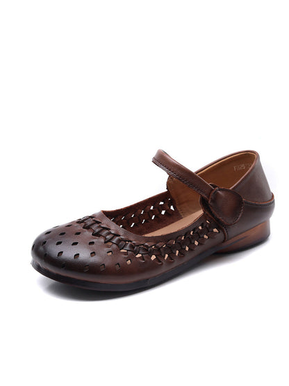 Women Vintage Leather Hollow Out Low Heel Shoes
