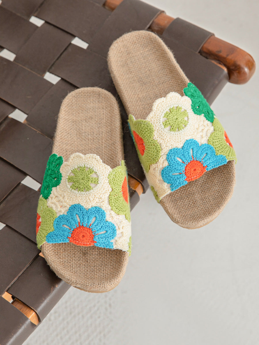 Women Summer Linen Knitted Flower Spliced Slippers
