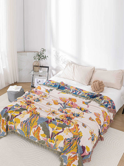 100%Cotton Flower Bedcover Tassel Sofa Blanket