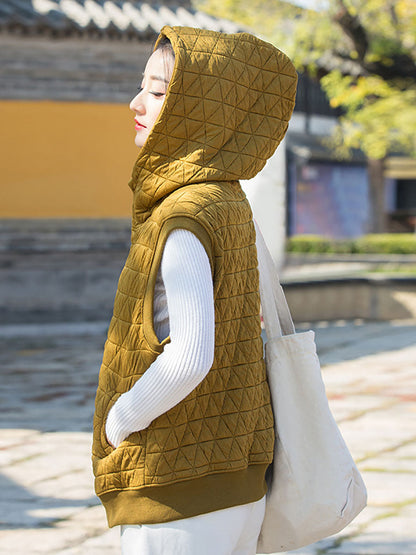 Women Winter Artsy Solid Button Pocket Hooded Vest