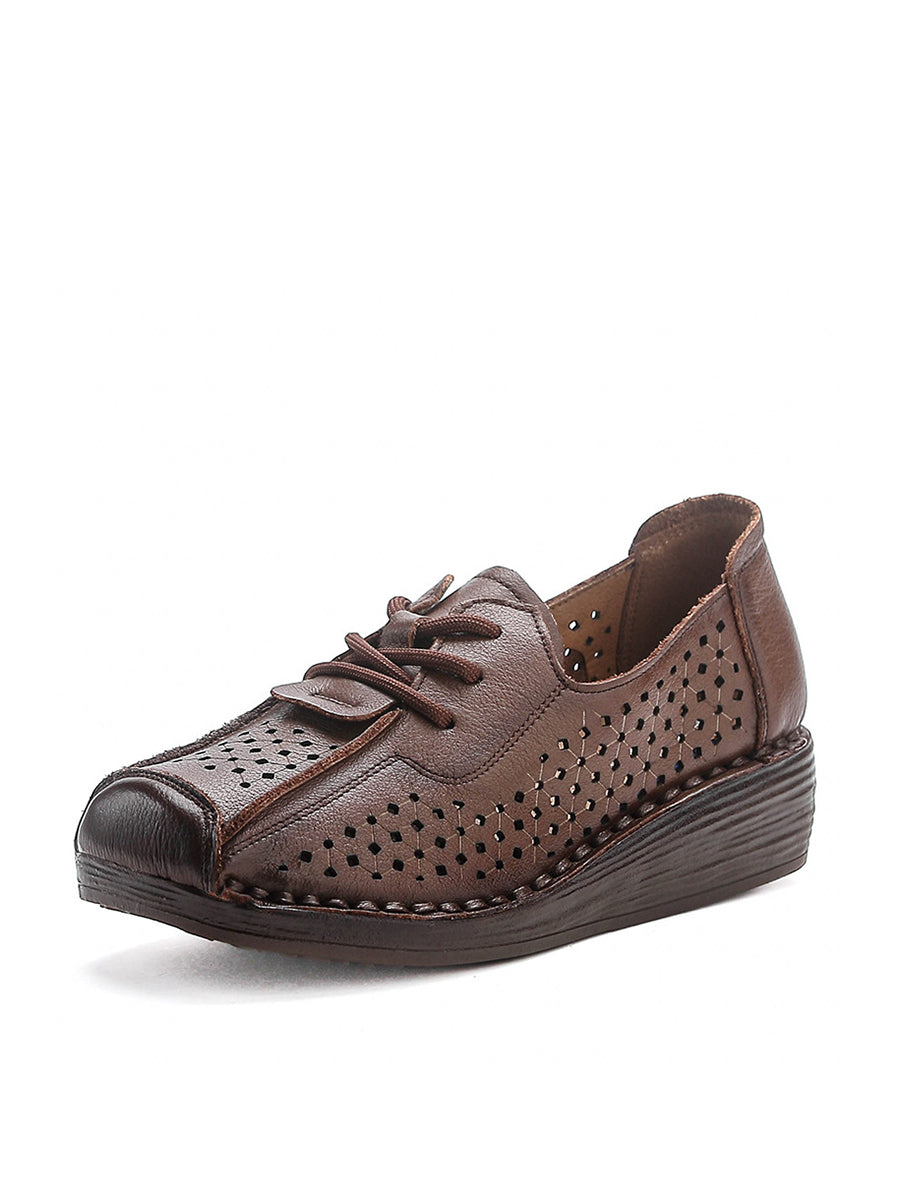 Women Vintage Genuine Leather Hollow Out Platform Shoes