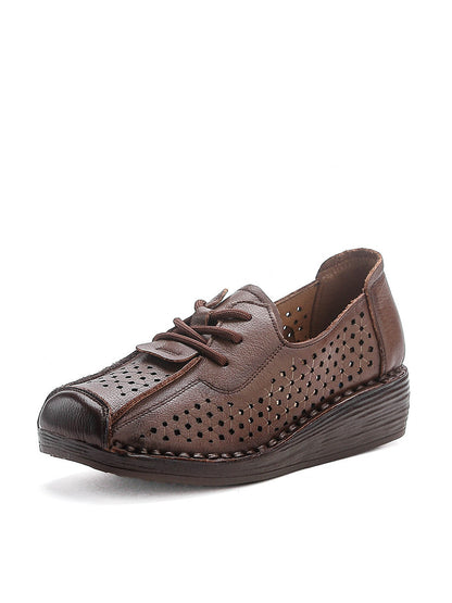 Women Vintage Genuine Leather Hollow Out Platform Shoes