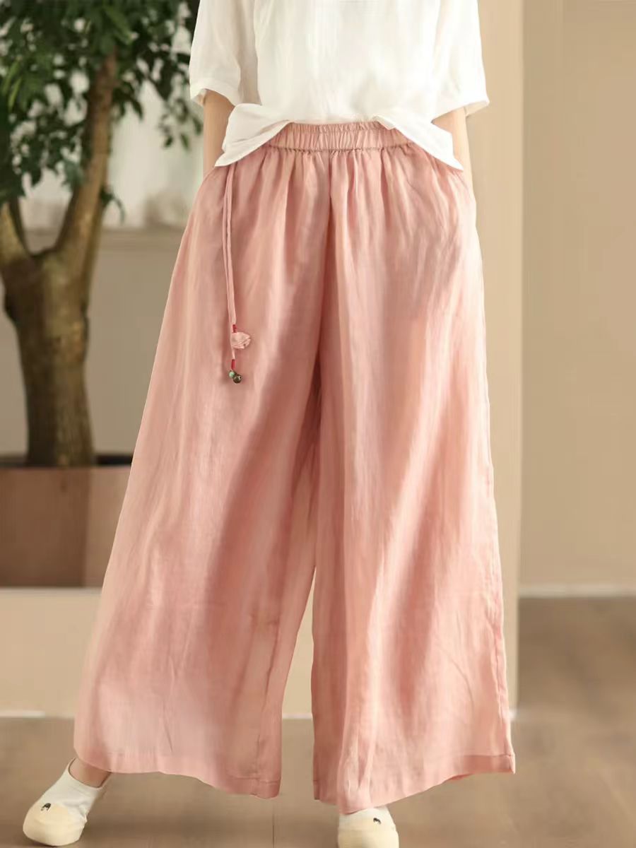 Women Summer Dual-layer Wide-leg Ramie Pants