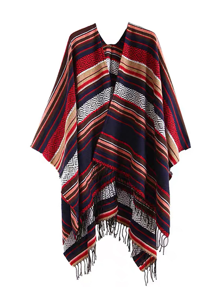 Women Ethnic Colorblock Stripe Tassel Shawl Scarf
