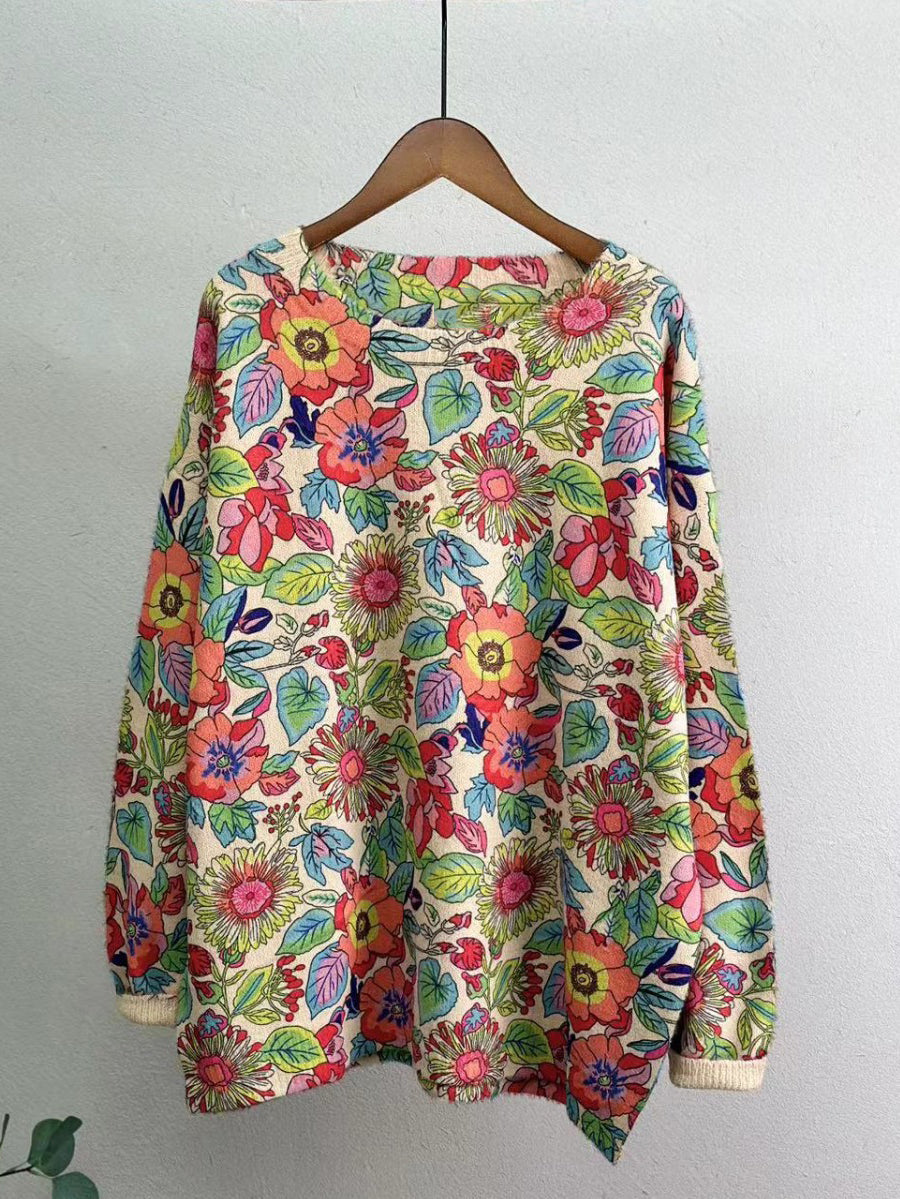 Plus Size Women Casual Winter Flower Knitted O-Neck Sweater