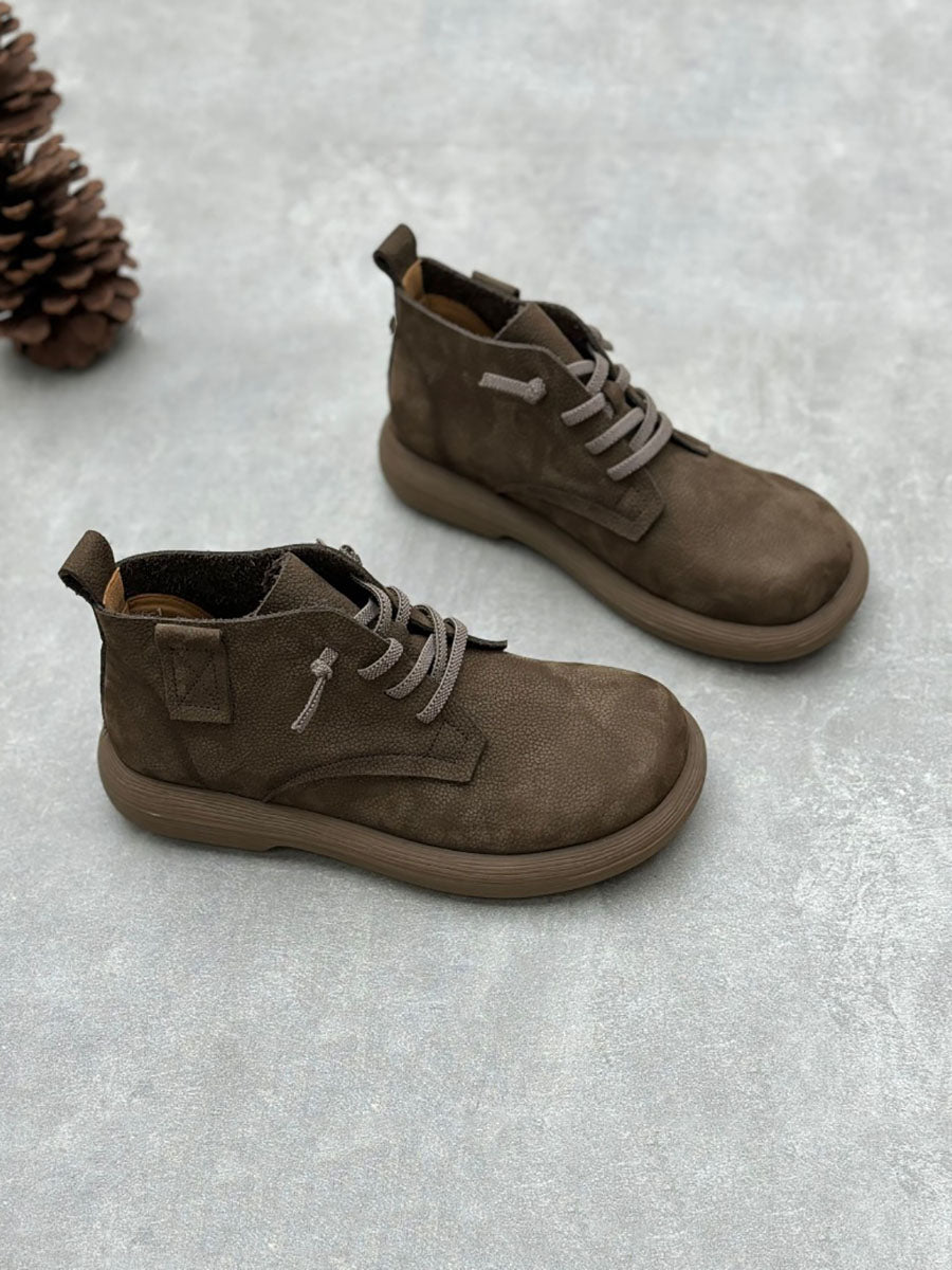 Women Vintage Genuine Leather Strap Low Heel Boots