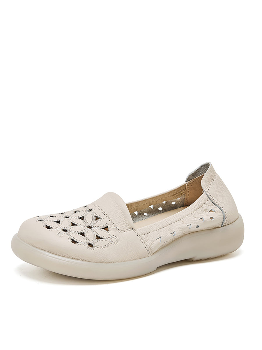 Women Summer Soft Leather Flower Mid Heel Shoes