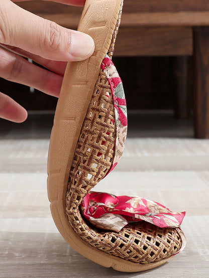 Women Ethnic Straw Weave Flower Bowknot Indoor Slippers