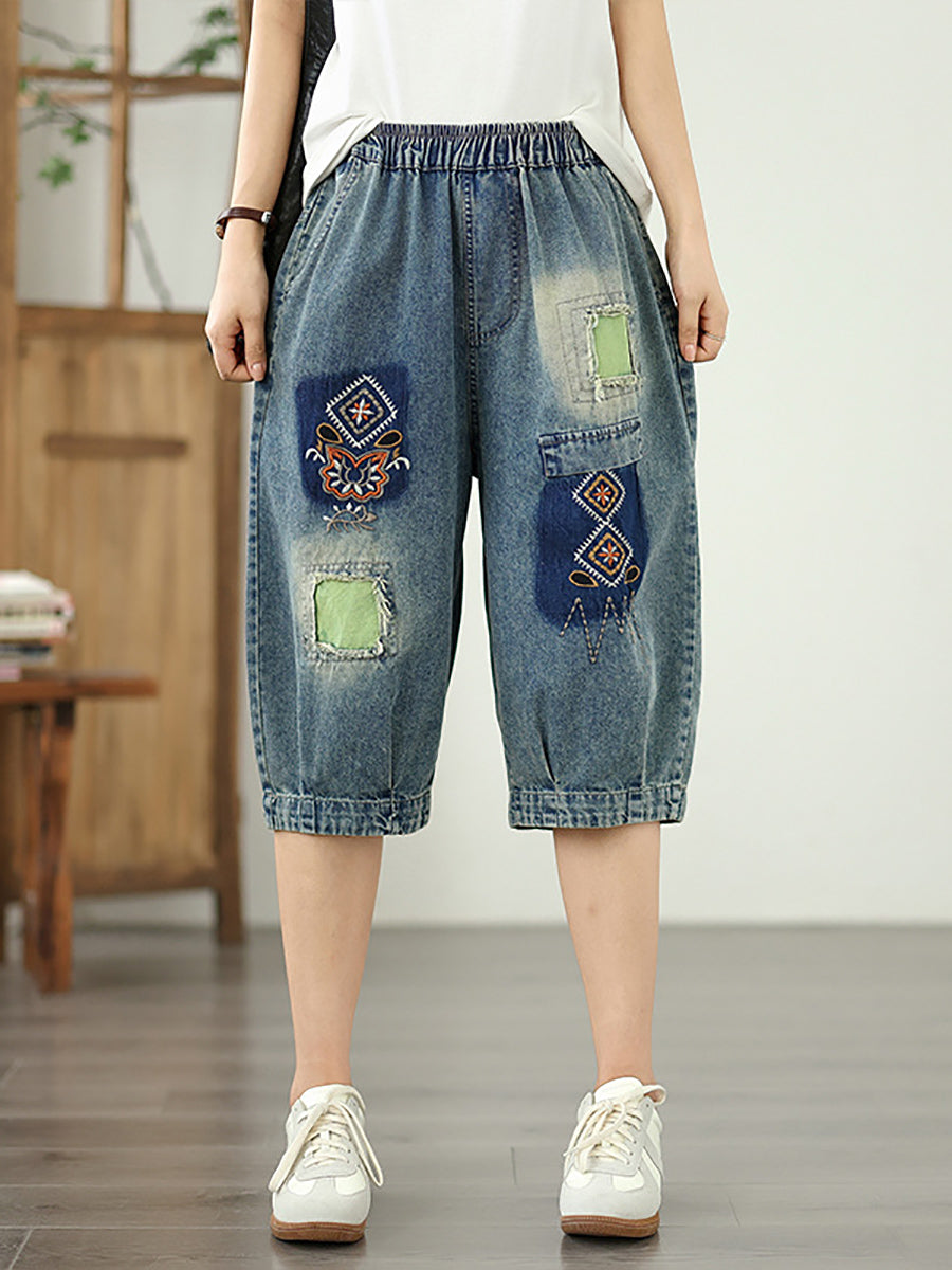 Women Retro Flower Embroidery Patchwork Denim Fifth Pants