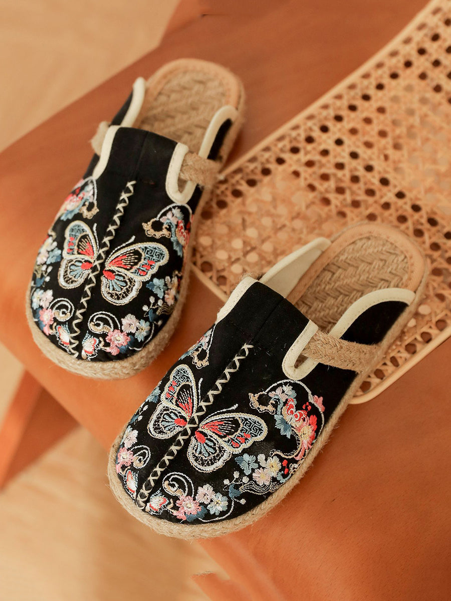 Women Ethnic Summer Butterfly Embroidery Linen Slippers