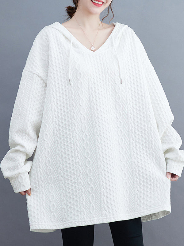 Hooded Long Sleeves Drawstring Jacquard Solid Color Split-Joint Hoodies Tops