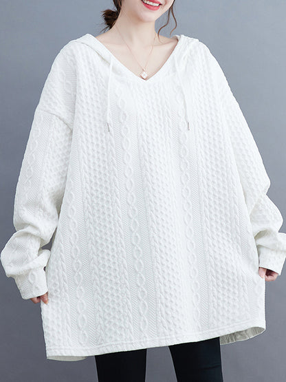 Hooded Long Sleeves Drawstring Jacquard Solid Color Split-Joint Hoodies Tops
