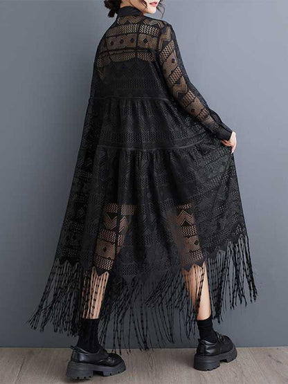 A-Line Long Sleeves Buttoned Printed See-Through Split-Joint Tasseled Lapel Midi Dresses