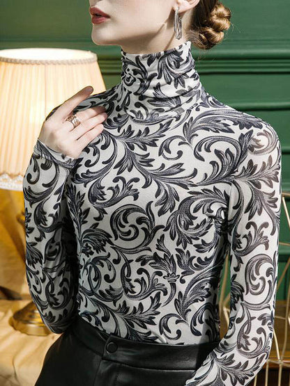 Long Sleeves Skinny Contrast Color Split-Joint High Neck T-Shirts Tops