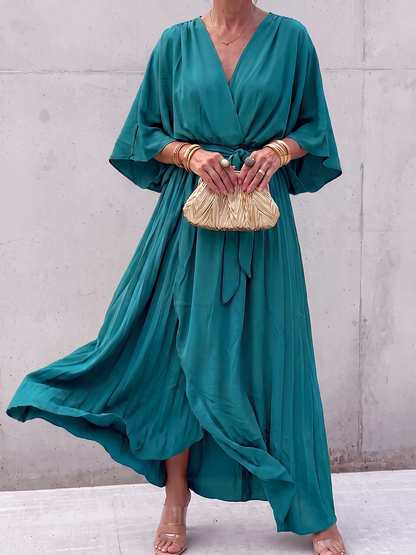 Tied Solid Color See-Through Pleated Asymmetric Plus Size Long Sleeves V-neck Maxi Dresses