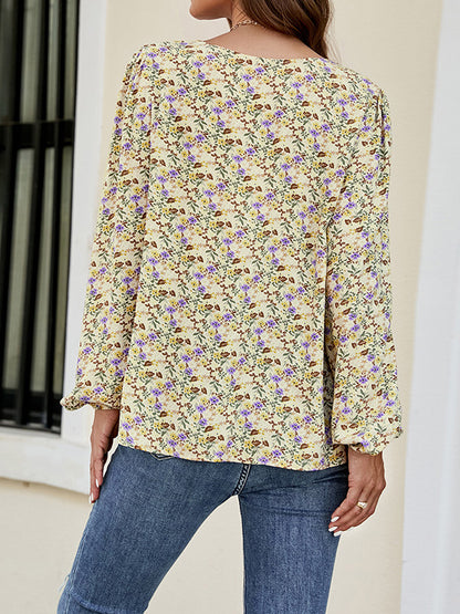 Bishop Sleeve Long Sleeves Flower Print Square-Neck Blouses&Shirts Tops