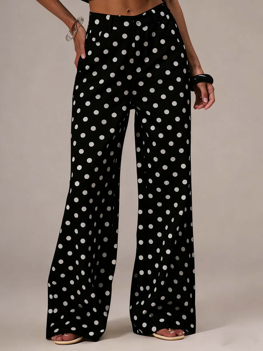 High Waisted Wide Leg Buttoned Contrast Color No Belt Polka Dot Zipper Pants Trousers