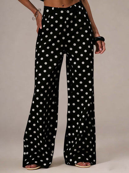 High Waisted Wide Leg Buttoned Contrast Color No Belt Polka Dot Zipper Pants Trousers