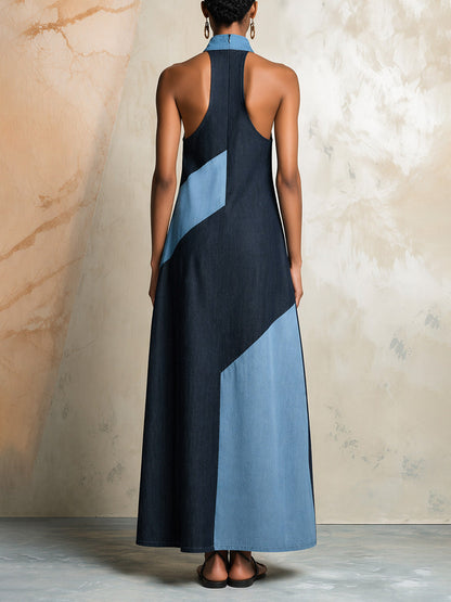 A-Line Loose Contrast Color Pockets Split-Joint Zipper Halter-Neck Maxi Dresses