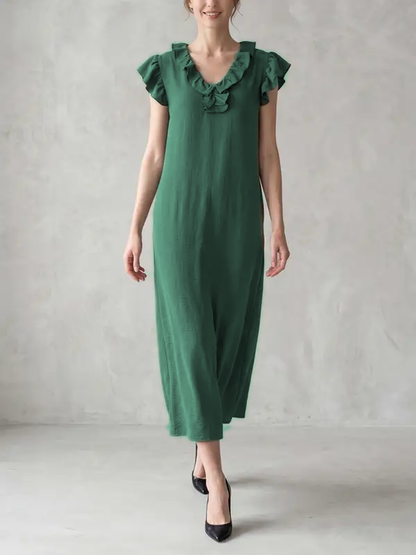 Loose Plus Size Pockets Ruffle Trim Solid Color V-Neck Maxi Dresses