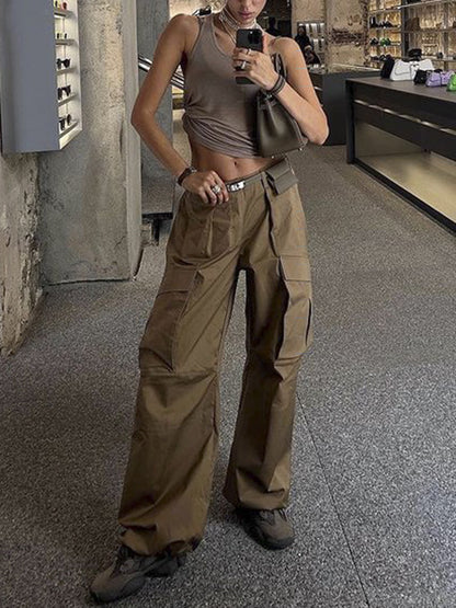Loose Wide Leg Buttoned Pockets Solid Color Split-Joint Pants Trousers
