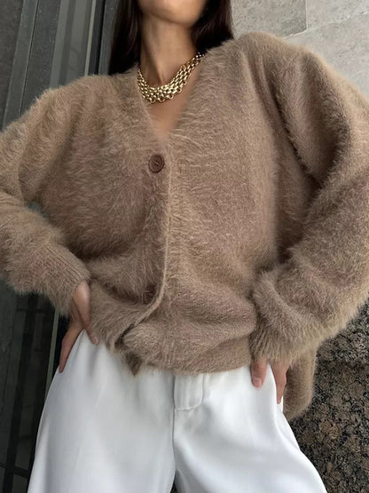 Long Sleeves Loose Buttoned Solid Color V-Neck Cardigan Tops