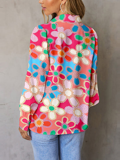 Bishop Sleeve Long Sleeves Buttoned Flower Print Lapel Blouses&Shirts Tops