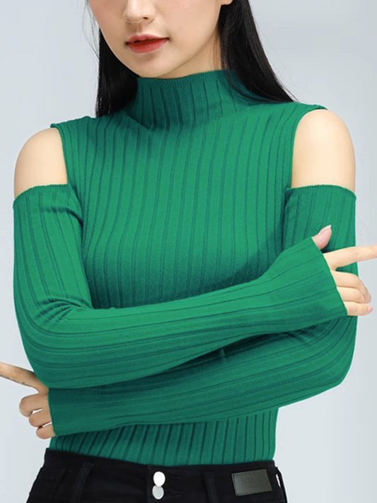 Long Sleeves Skinny Hollow Solid Color Mock Neck Knitwear Pullovers Sweater Tops