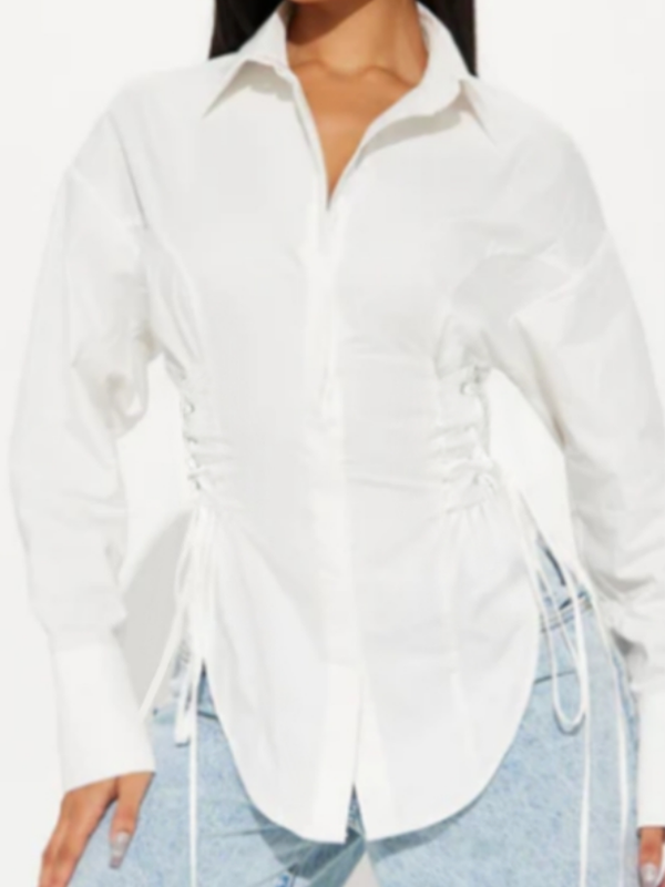 Long Sleeves Buttoned Solid Color Tied Waist Lapel Blouses&Shirts Tops