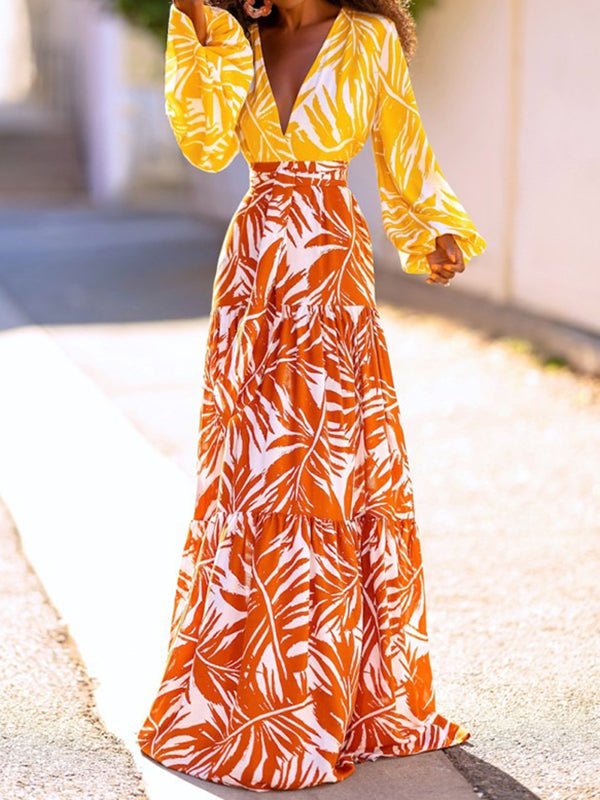 High Waisted Loose Layered Leaves Print Skirts Bottoms