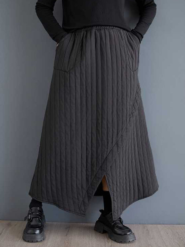 High Waisted Loose Asymmetric Elasticity Pockets Quilted Solid Color Skirts Bottoms
