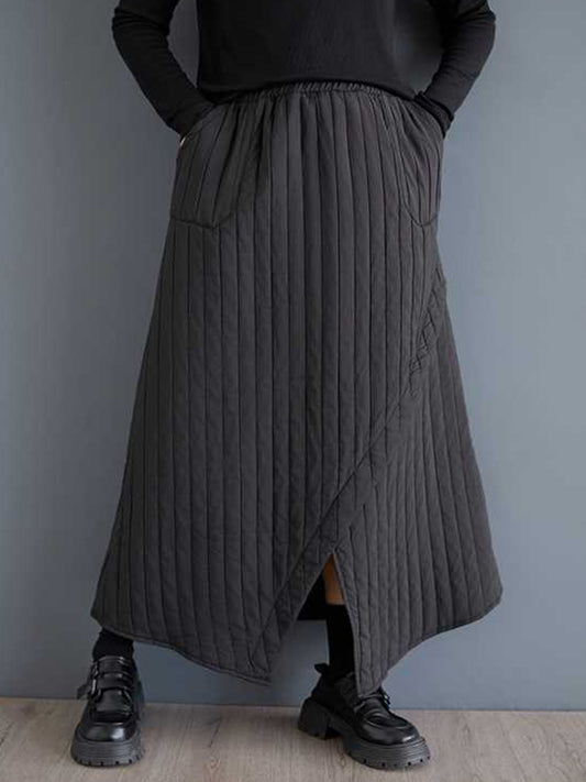 High Waisted Loose Asymmetric Elasticity Pockets Quilted Solid Color Skirts Bottoms