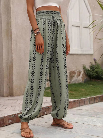 High Waisted Drawstring Pockets Printed Tied Pants Trousers