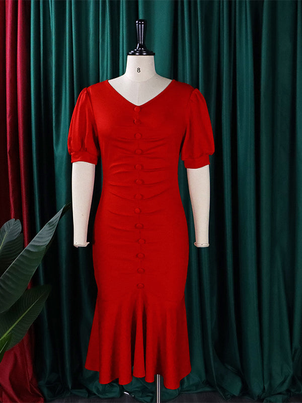 Bodycon Mermaid Pleated Solid Color Zipper V-Neck Midi Dresses