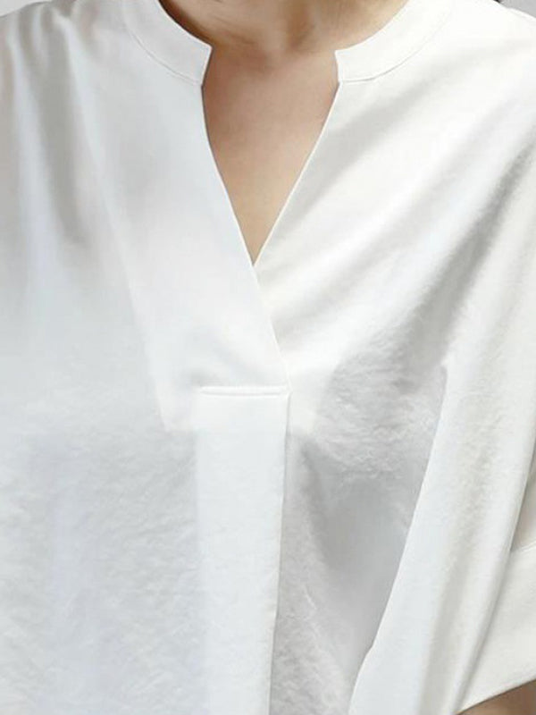 Half Sleeves High-Low Pleated Solid Color Split-Joint V-Neck Blouses&Shirts Tops