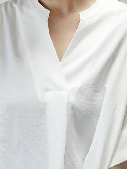 Half Sleeves High-Low Pleated Solid Color Split-Joint V-Neck Blouses&Shirts Tops